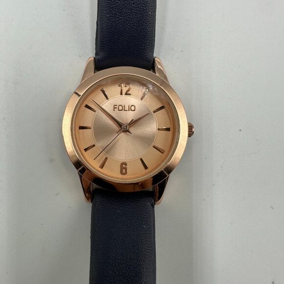 3/$30 Folio Watch Women Rose Gold Tone Blue Navy Faux Leather Band 9" - Picture 1 of 13